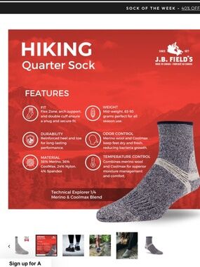 J.B. FIELD'S "TECHNICAL EXPLORER" MERINO/COOLMAX LOW-CUT HIKING ANKLE SOCKS